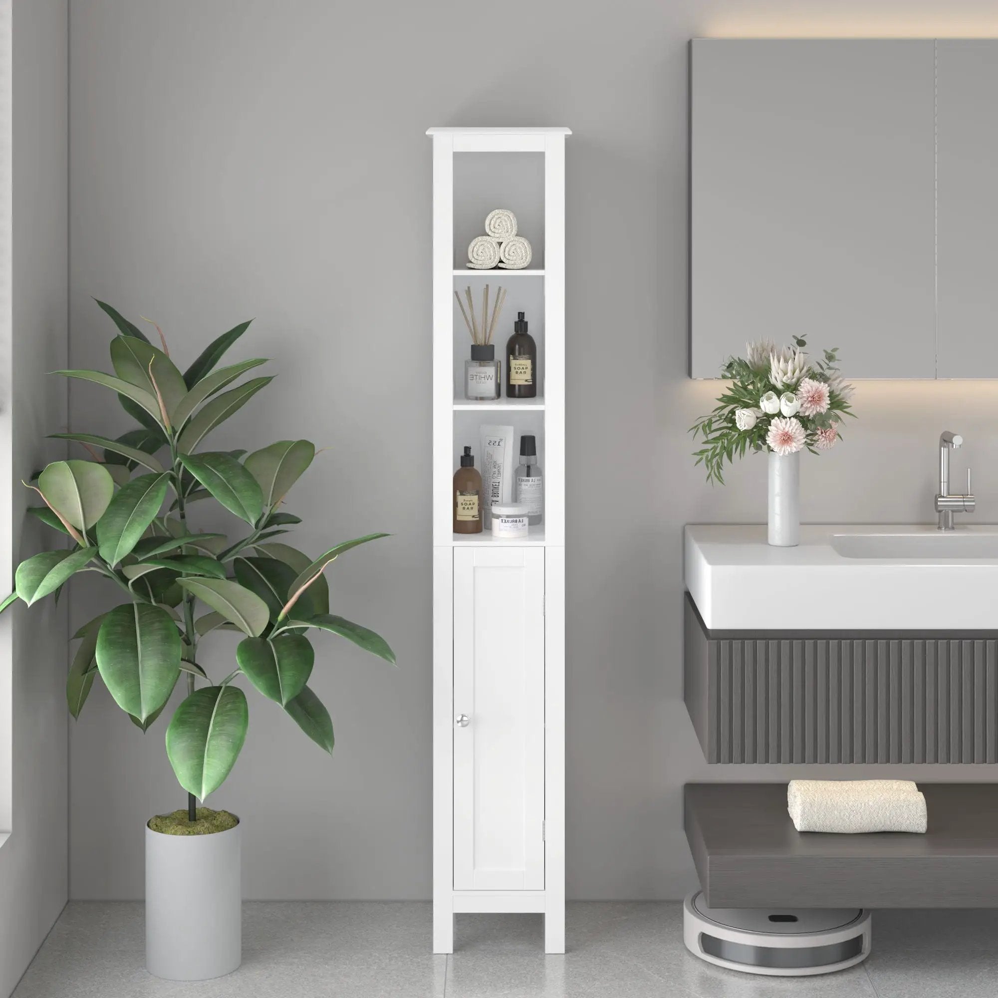 Slim Tall Bathroom Storage Cabinet With Adjustable Shelves, Anti Tip Freestanding Cabinet - White by Unique Piece Furniture