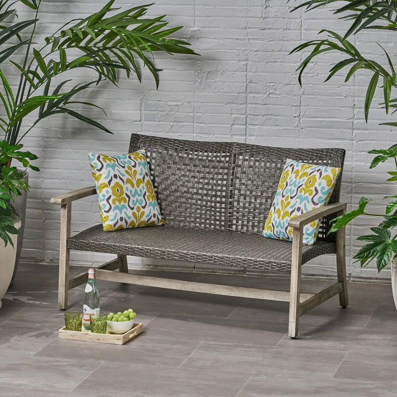 Hampton Outdoor Wood and Wicker Loveseat - Gray by HouseOfZazla
