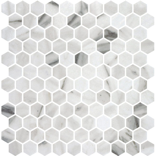 Calacata Honed Hexagon Glass Mosaics 11 3/4x11 1/2