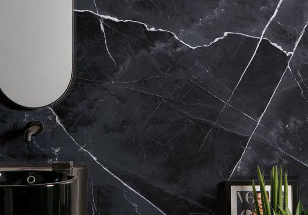 Calacatta Black B Lappato Lucido Porcelain Slab 64x128 room scene