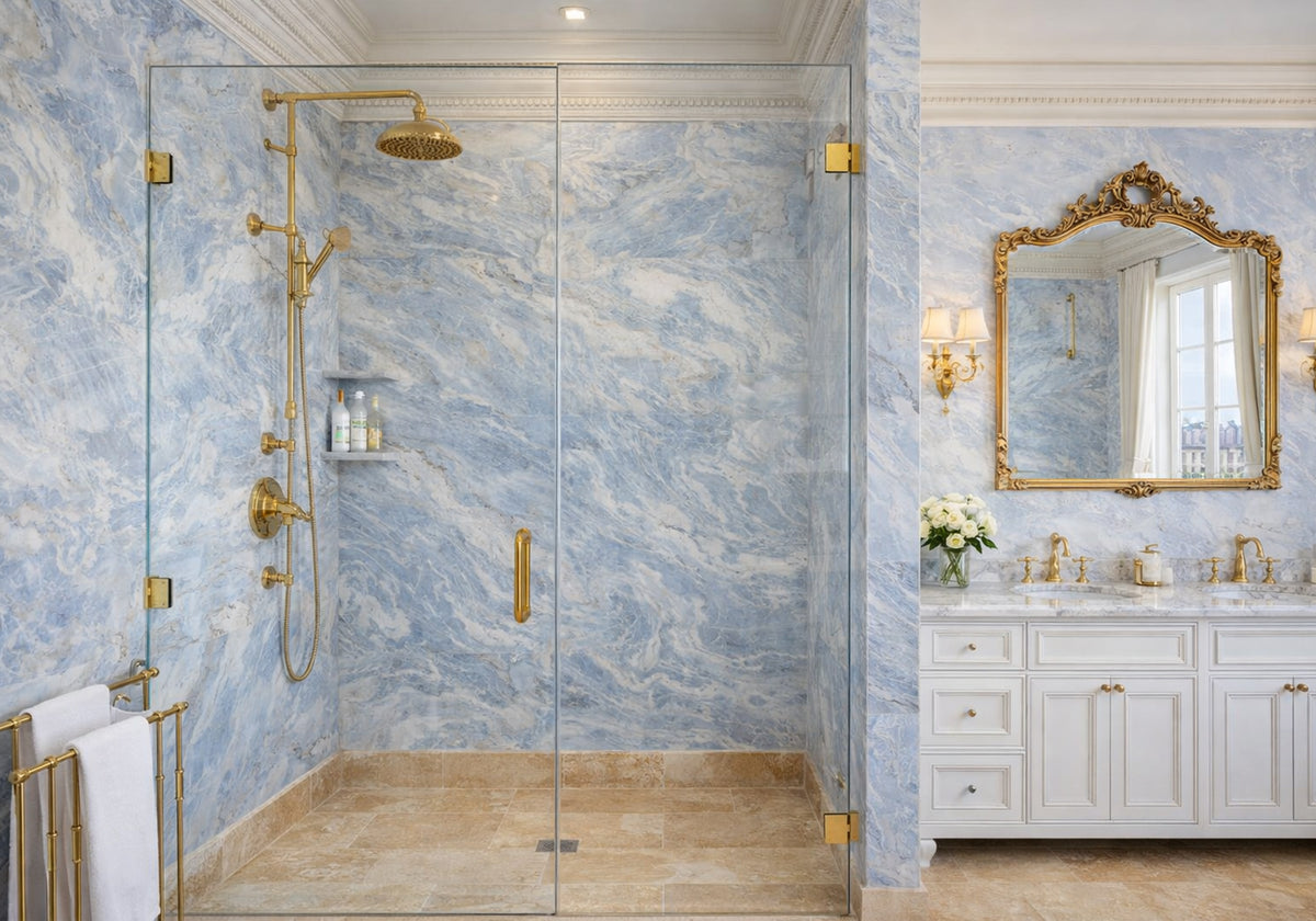 Calacatta Cielo Leather Marble Slab Random room scene 2