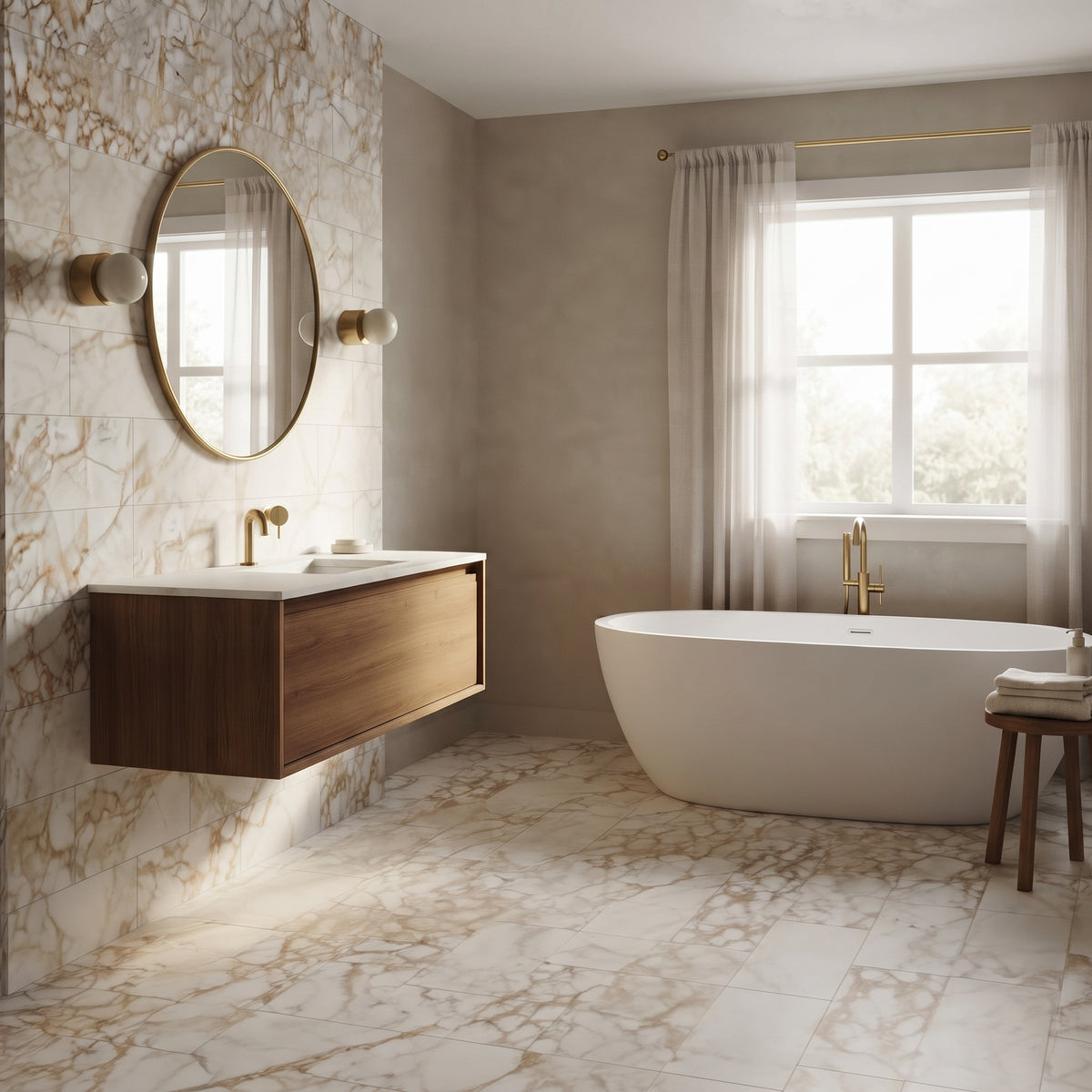 A modern bathroom interior featuring a floating wooden vanity with a white sink, a round wall mirror, a freestanding white bathtub, and marble-look tile flooring and walls. Gold-toned fixtures and a window with sheer curtains are visible in the background.