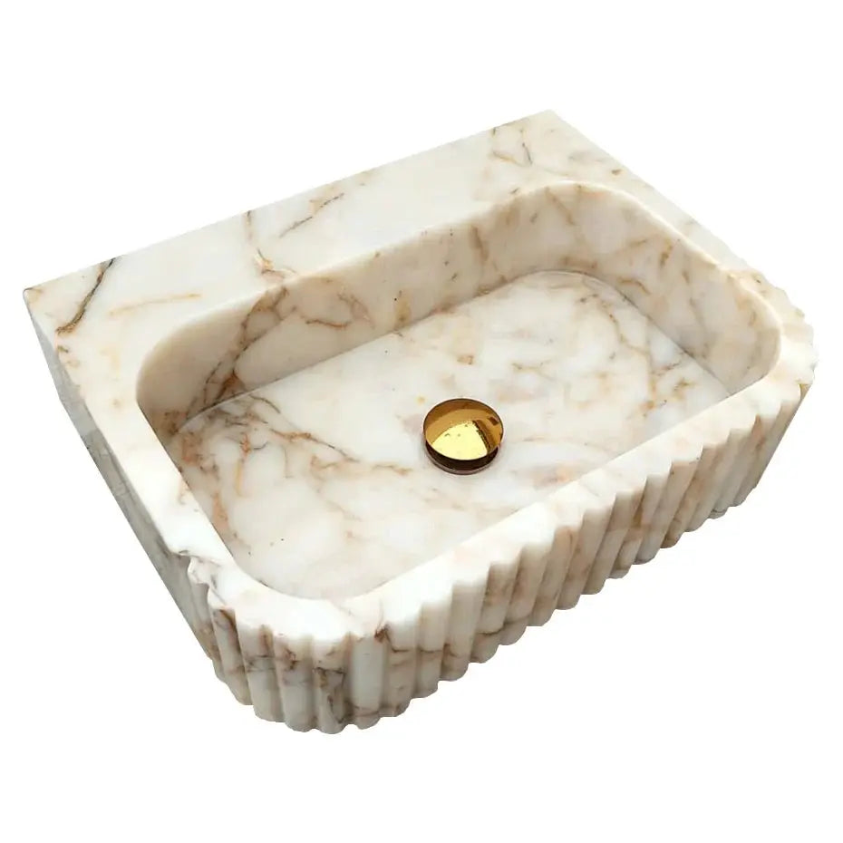 Calacatta Gold Marble Wall Mount Bathroom Vanity Sink with Fluted Design 16x20x6 by GobekDesign