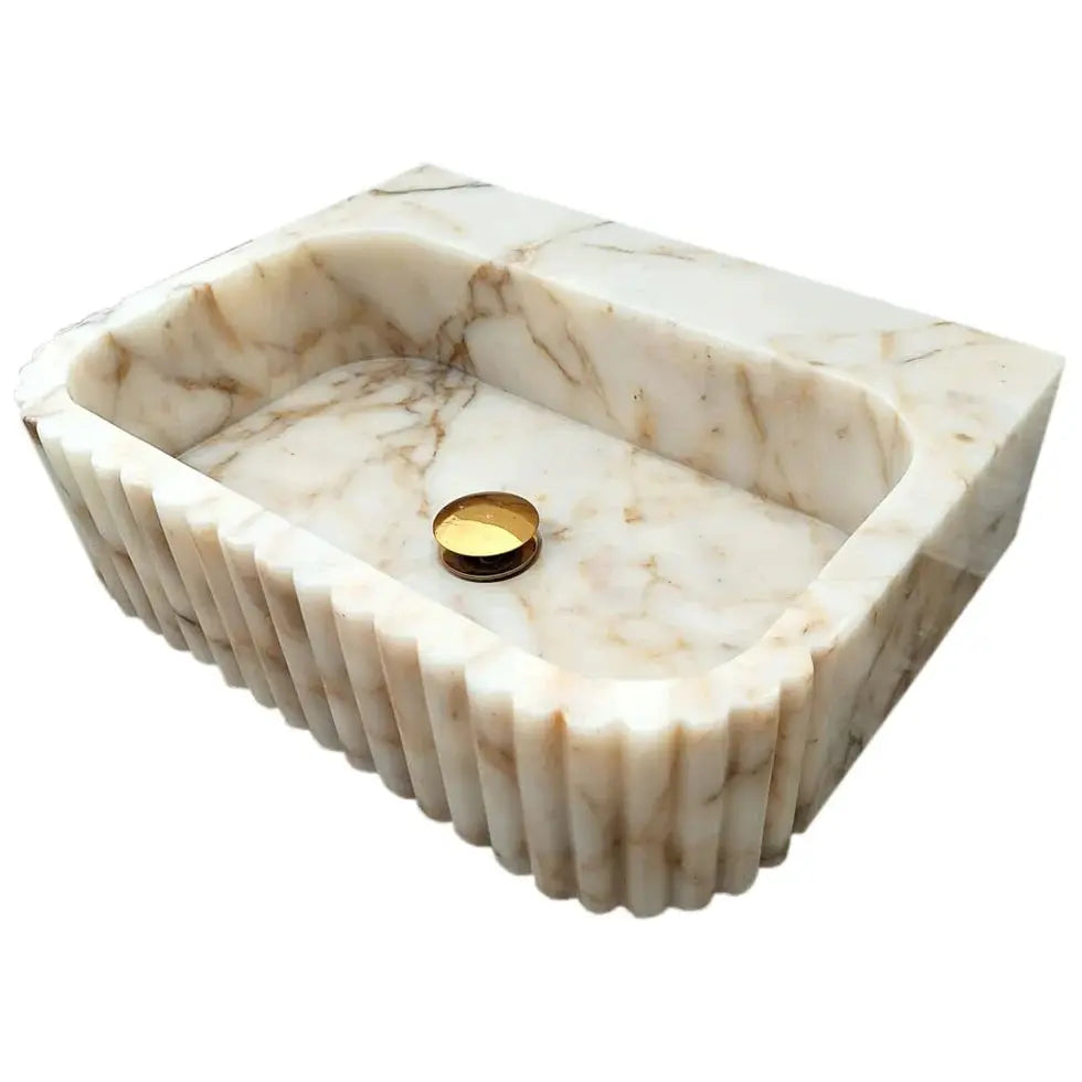 Calacatta Gold Marble Wall Mount Bathroom Vanity Sink with Fluted Design 16x20x6 by GobekDesign