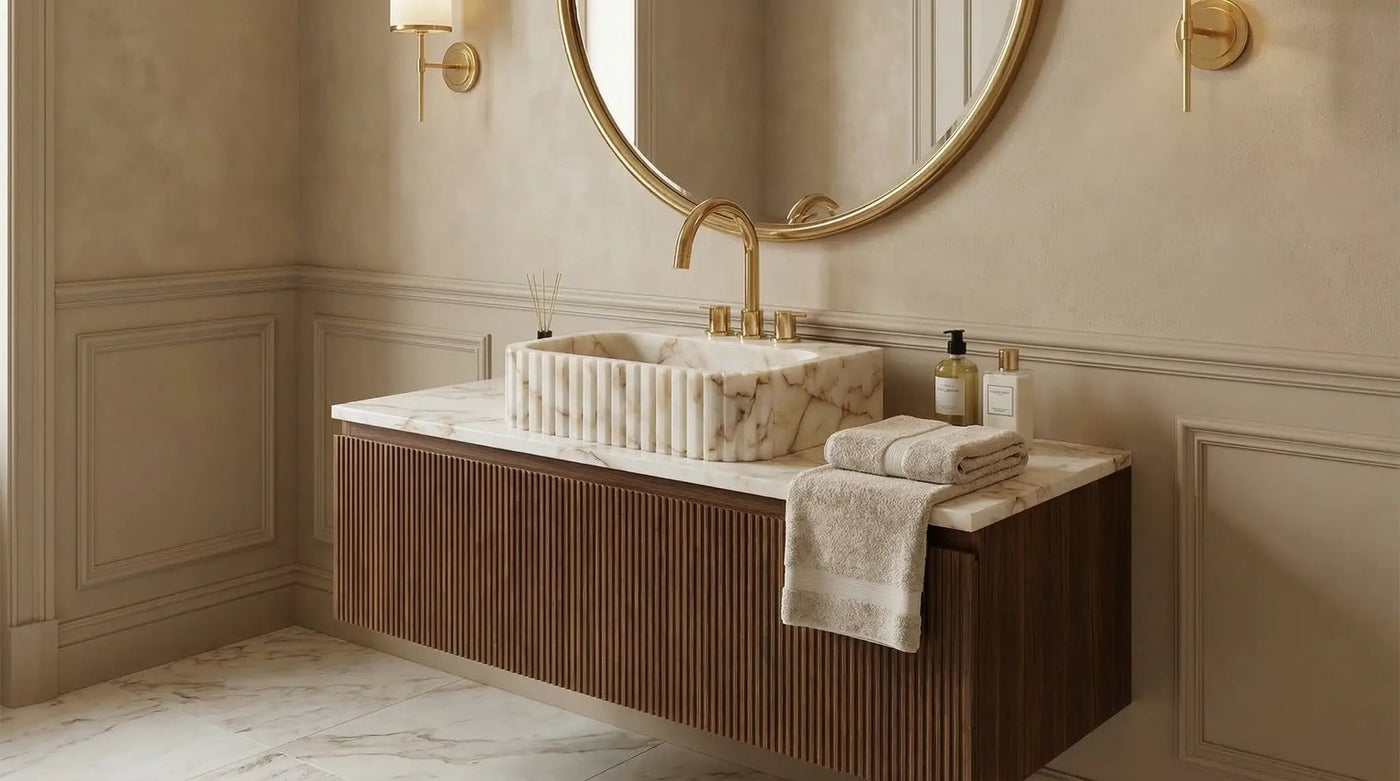 Calacatta Gold Marble Wall Mount Bathroom Vanity Sink with Fluted Design 16x20x6 by GobekDesign