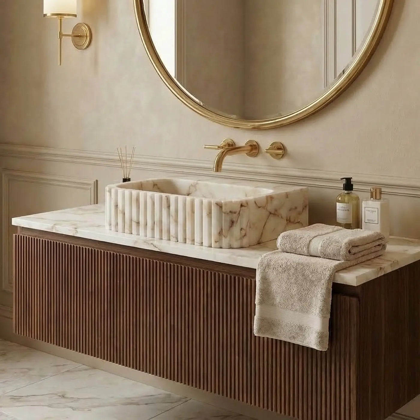Calacatta Gold Marble Wall Mount Bathroom Vanity Sink with Fluted Design 16x20x6 by GobekDesign