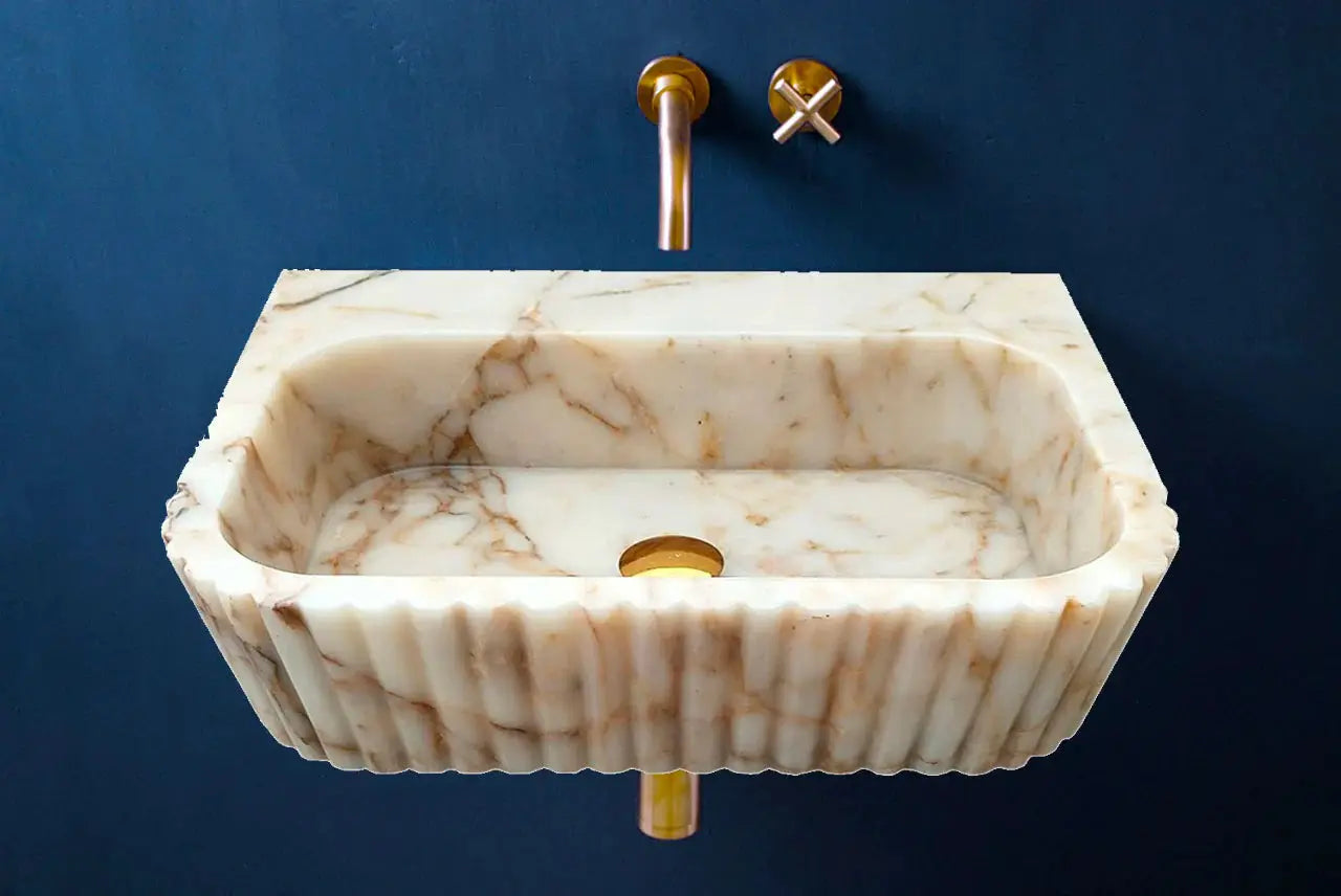 Calacatta Gold Marble Wall Mount Bathroom Vanity Sink with Fluted Design 16x20x6 by GobekDesign