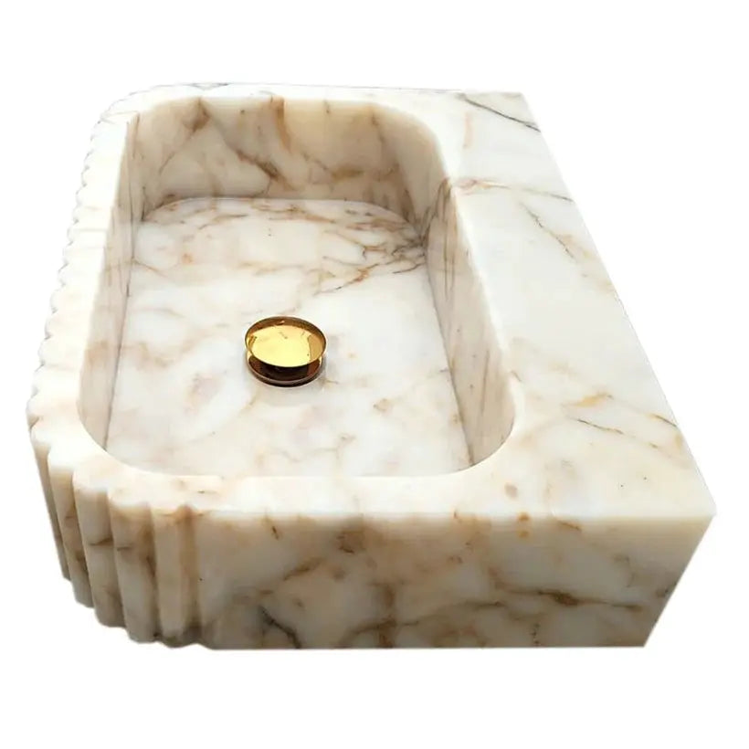 Calacatta Gold Marble Wall Mount Bathroom Vanity Sink with Fluted Design 16x20x6 by GobekDesign
