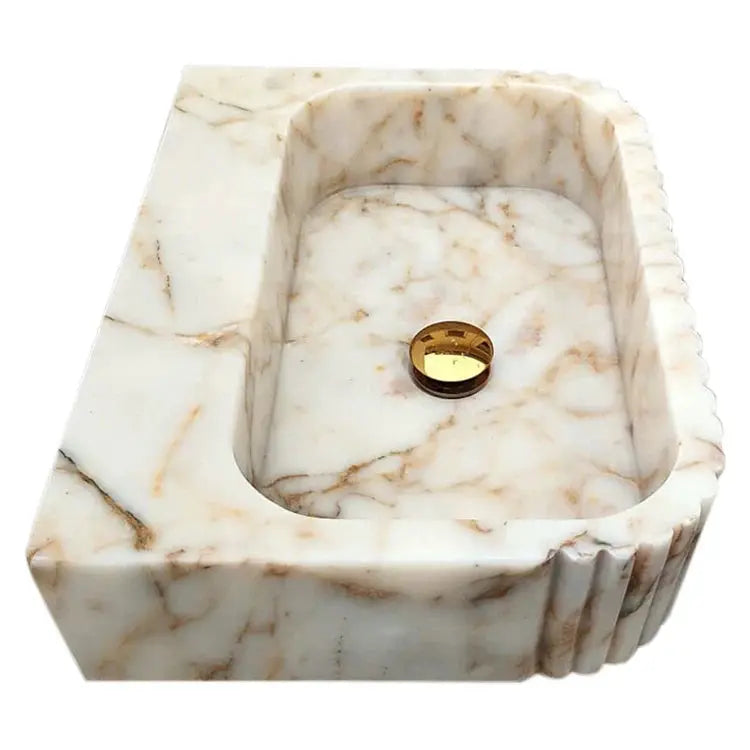 Calacatta Gold Marble Wall Mount Bathroom Vanity Sink with Fluted Design 16x20x6 by GobekDesign