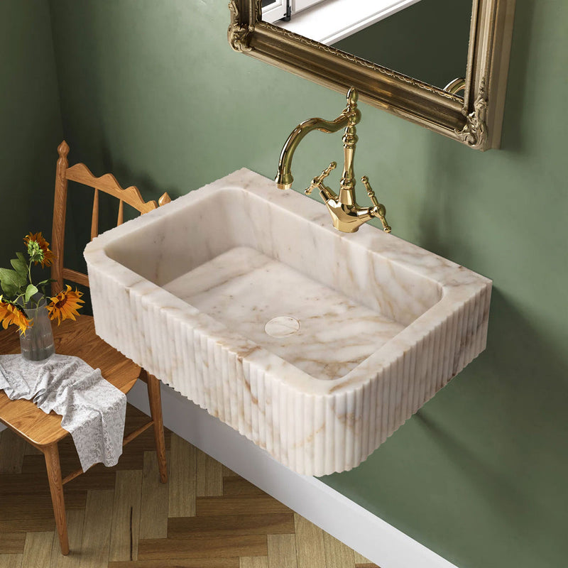 Calacatta Gold Marble Wall-mount Bathroom Vanity Sink Fluted (W)18" (L)30" (H)8" by GobekDesign