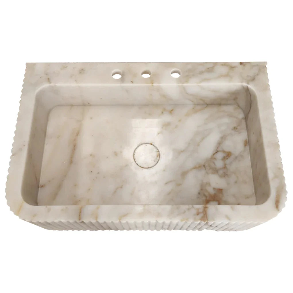 Calacatta Gold Marble Fluted Wall Mount Bathroom Vanity Sink 18x30 by GobekDesign