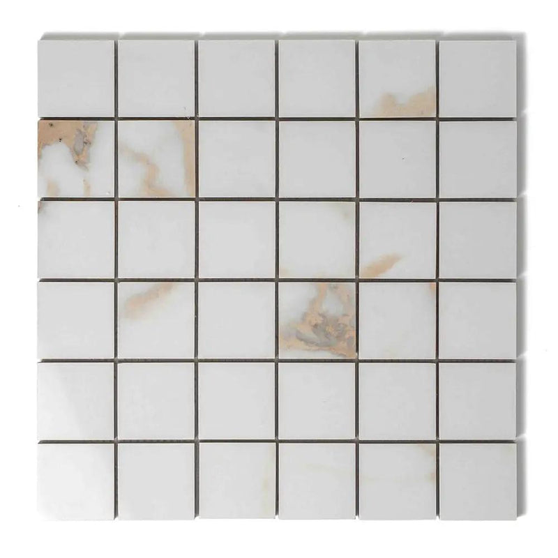Calacatta Oro Lux Glossy Straight Joint 2x2 Porcelain Mosaics 12x12 by Stonetiledepot