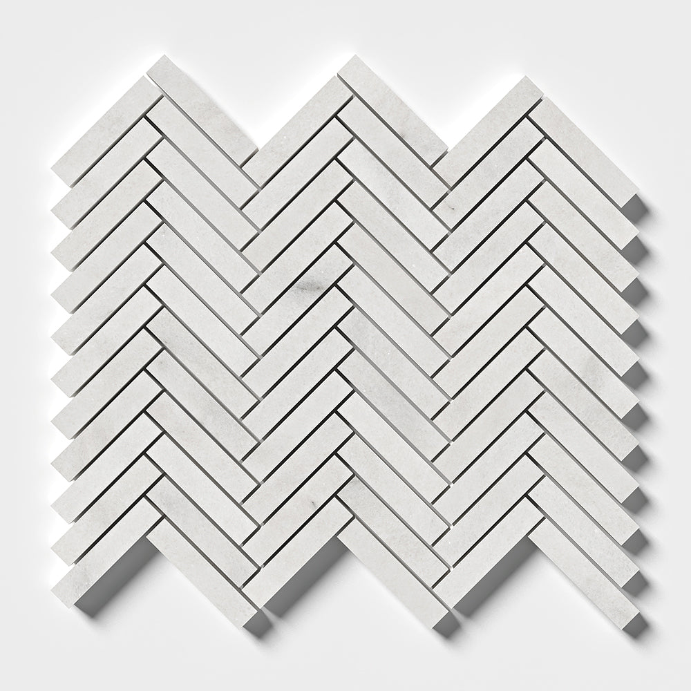 Calacatta T Honed Herringbone 5/8x3 Marble Mosaics 10 7/16x12 13/16 Marble Honed 12x12 Mosaics