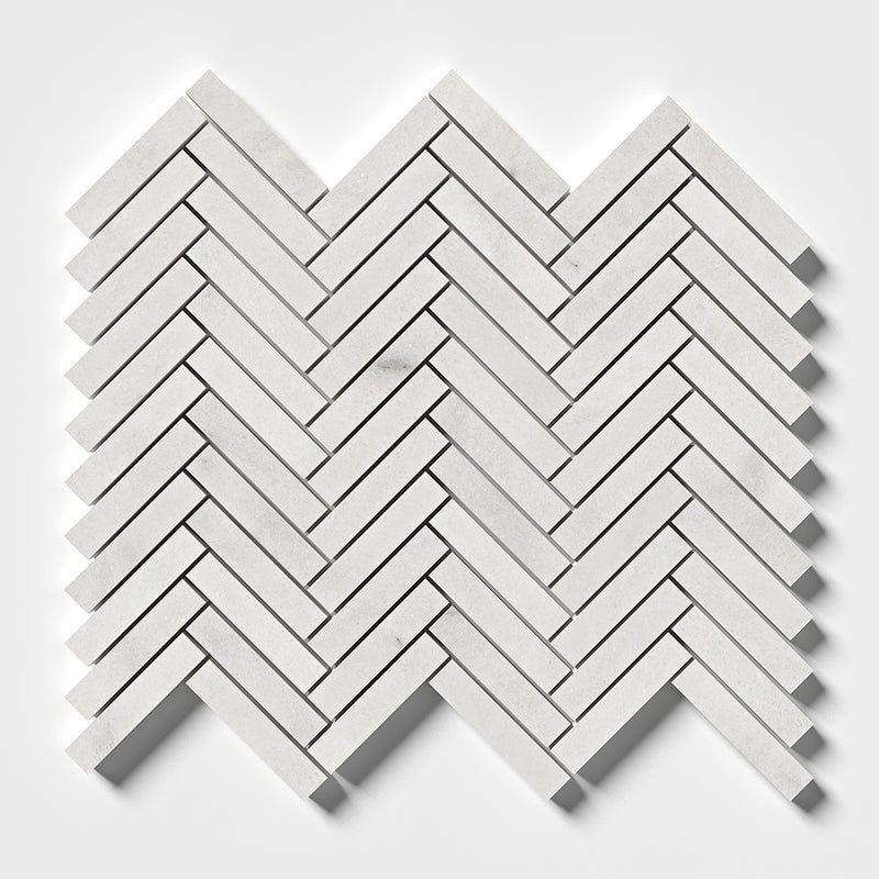 Calacatta T Honed Herringbone 5/8x3 Marble Mosaics 10 7/16x12 13/16 Marble Honed 12x12 Mosaics