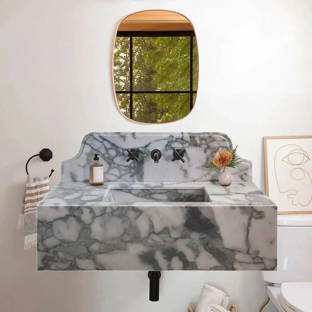 Calacatta Verde Marble Rectangular Wall Mount Bathroom Sink 34x16 by GobekDesign