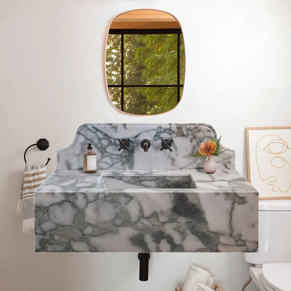 Calacatta Verde Marble Rectangular Wall-mount Bathroom Sink with 10" Backsplash (W)16" (L)34" (H)12" by GobekDesign