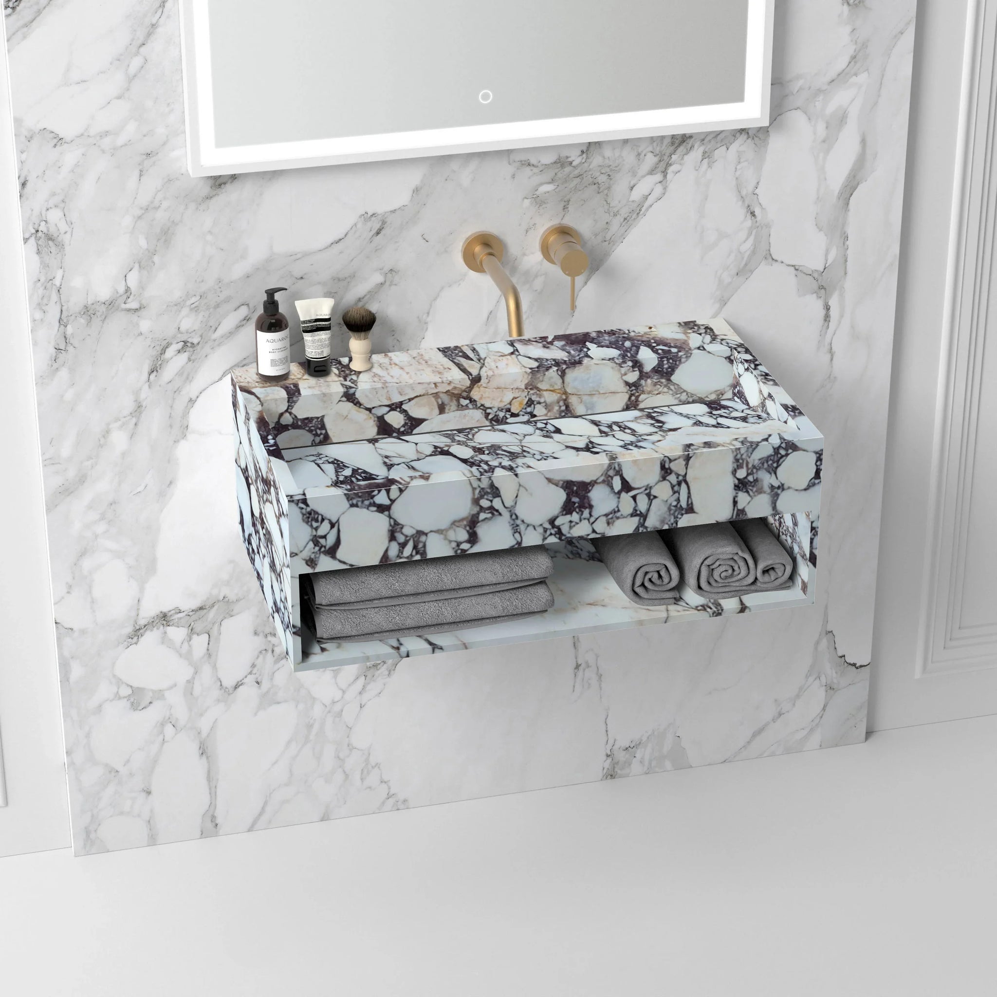 Calacatta Viola Marble Wall-mount Bathroom Sink Hidden Drain with Storage (W)18" (L)40" (H)12" by GobekDesign