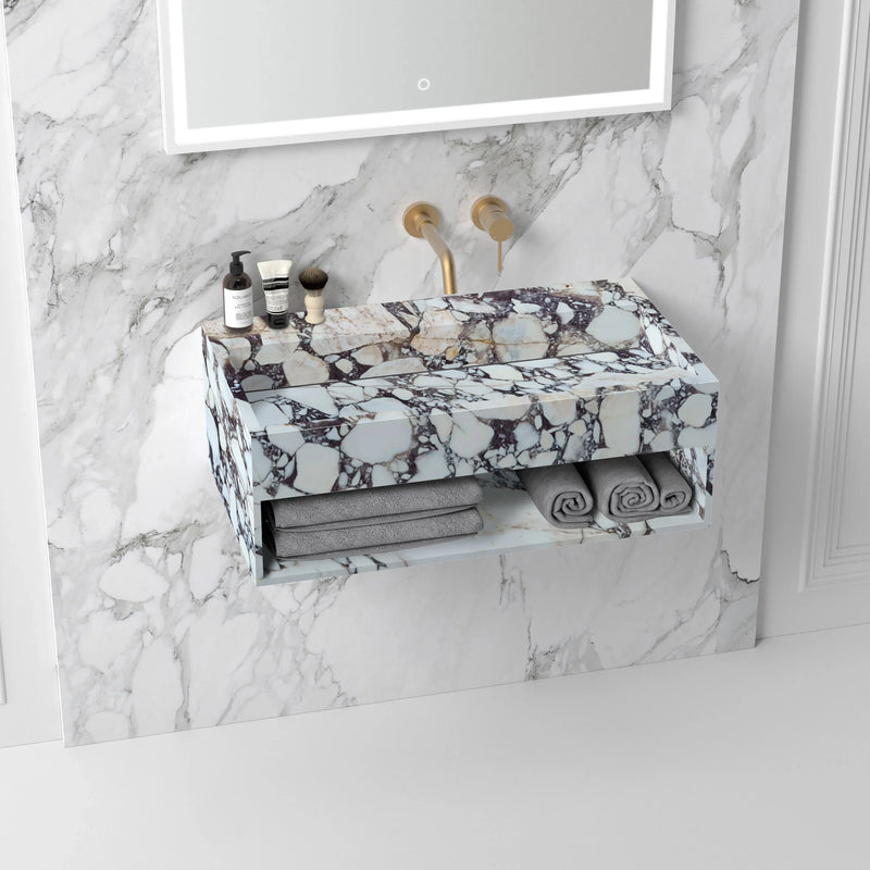 Calacatta Viola Marble Wall-mount Bathroom Sink Hidden Drain with Storage (W)18" (L)40" (H)12" by GobekDesign