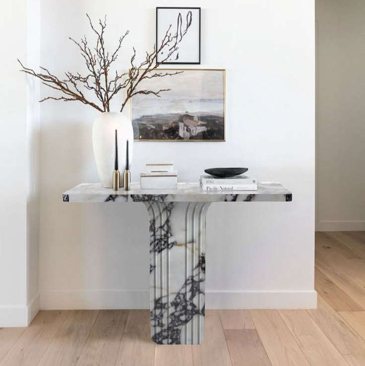 Calacatta Viola Marble Designer Console Polished (W)15" (L)40" (H)32" angle view decorative items on top painting in golden frame on wall
