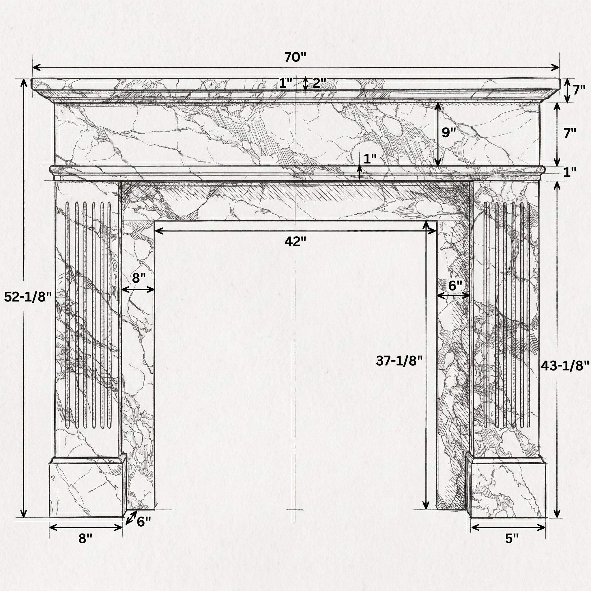 Technical drawing of a marble fireplace with dimensions