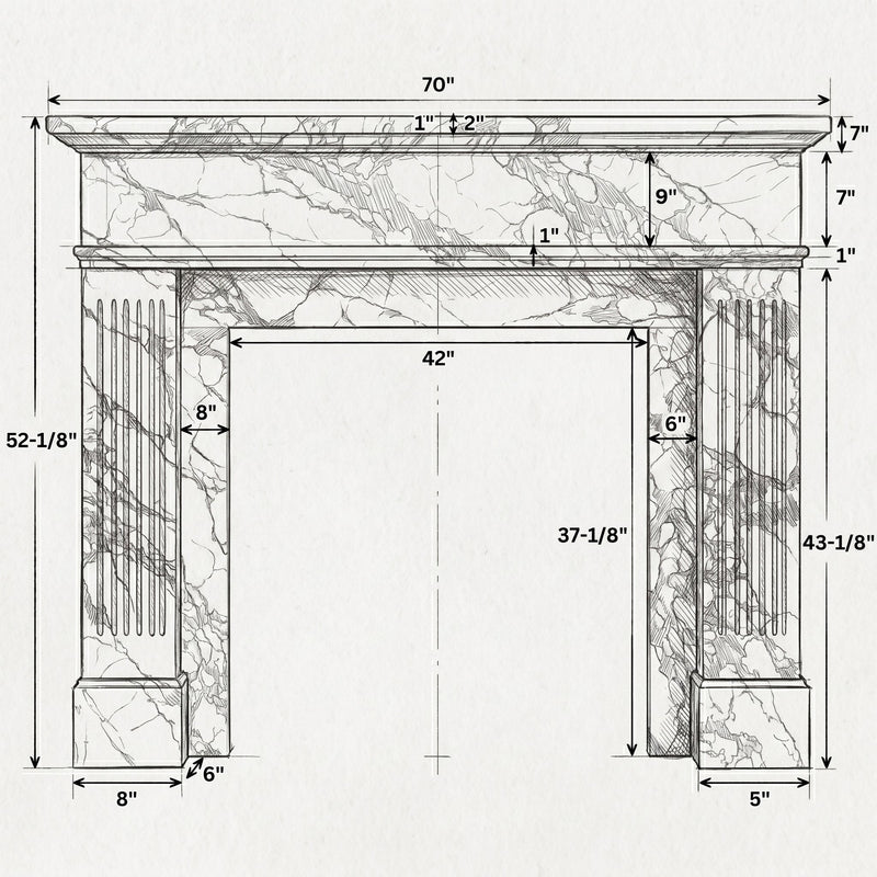 Technical drawing of a marble fireplace with dimensions