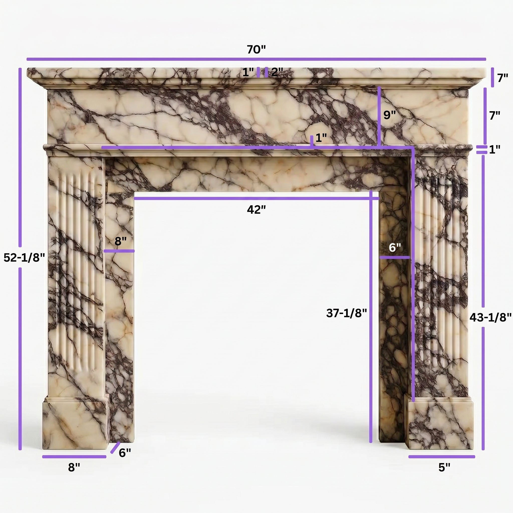 Calacatta Viola Marble Fluted Fireplace Mantel Polished (L)70" (H)52" (D)7" by GobekDesign