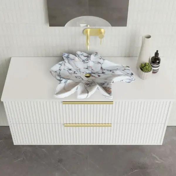Calacatta Viola Marble Handcrafted Vessel Sink Honed Leaf Design Bathroom Vanity by GobekDesign