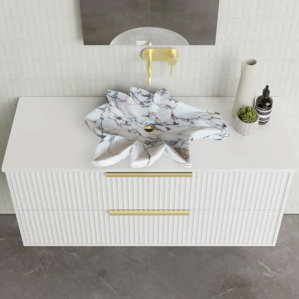Calacatta Viola Marble Leaf Design Above Vanity Bathroom Sink Honed by GobekDesign