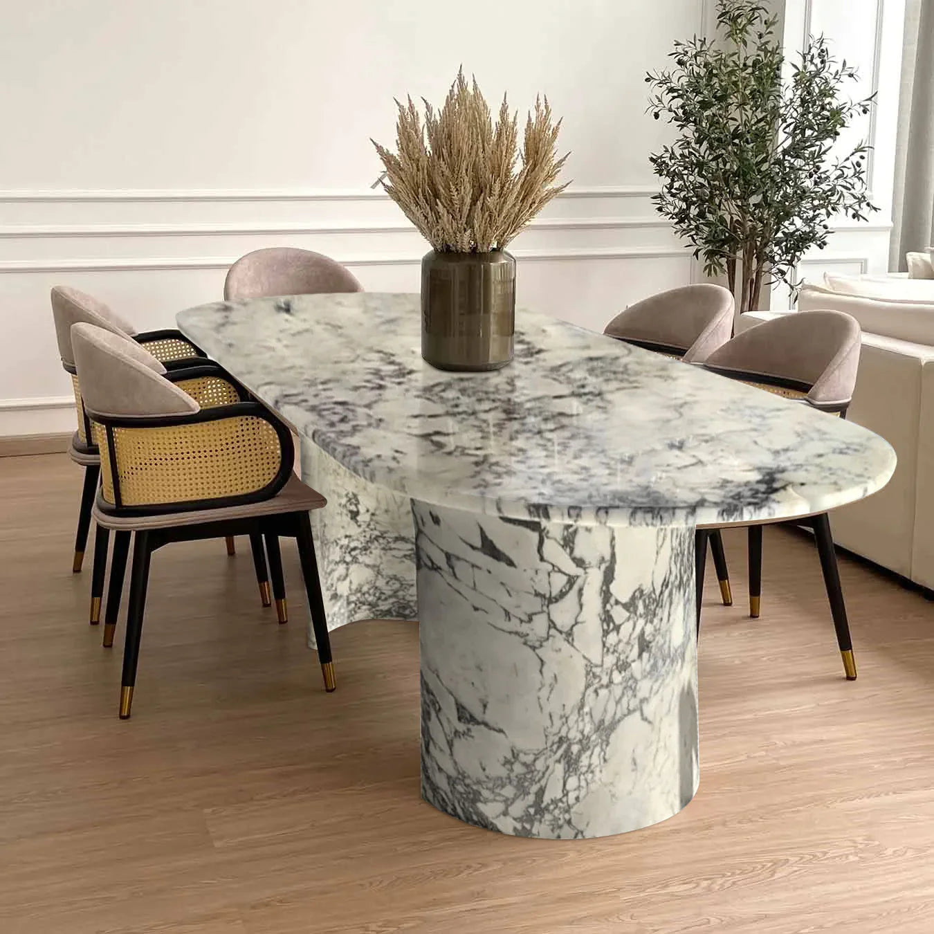 Calacatta Viola Marble Oval Dining Table with C Shape Marble Legs Polished (W)36" (L)88" (H)29" by GobekDesign