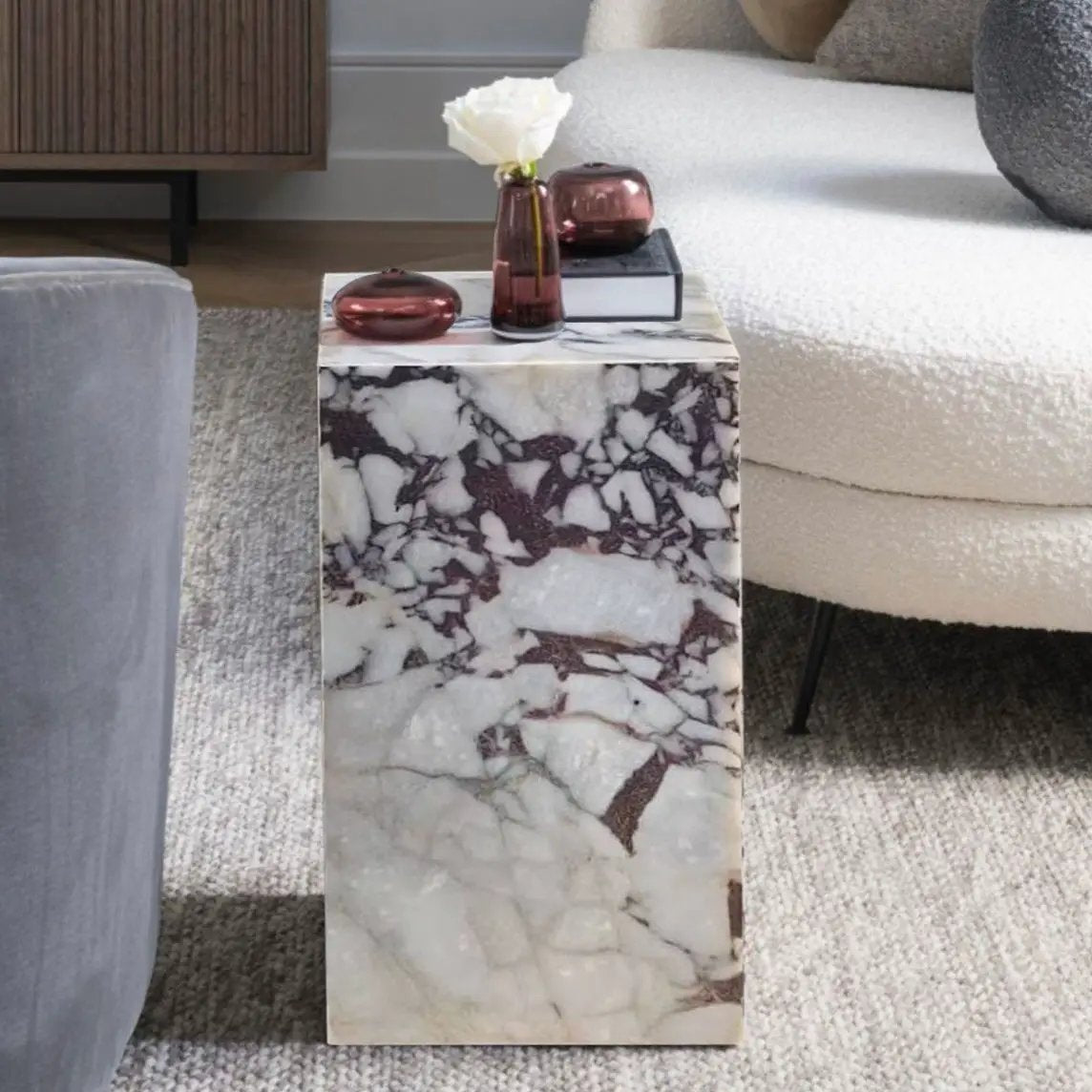 Calacatta Viola Marble Cube Design Modern Polished End Table Nightstand 14x14x24 by GobekDesign
