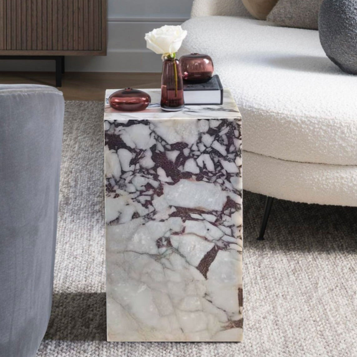 Calacatta Viola Marble Cube Design End/Side Table, Nightstand Polished (W)14" (L)14" (H)24" by GobekDesign