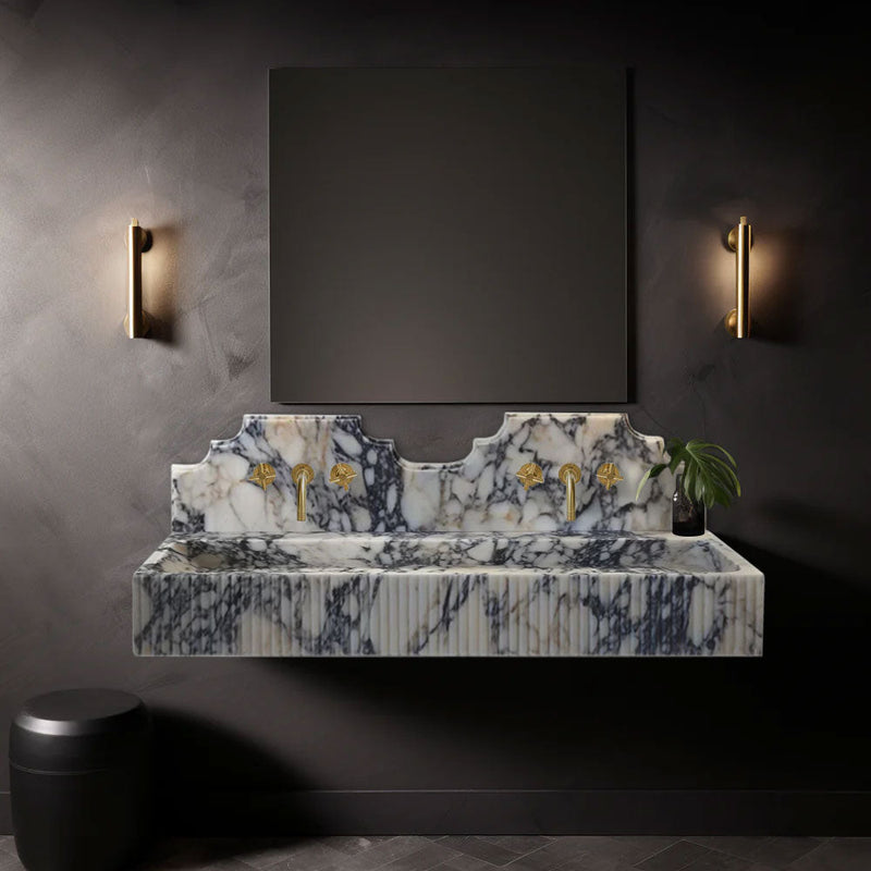 Calacatta Viola Marble Wall-mount Bathroom Sink with Fluted with Backsplash (W)20" (L)55" (H)6" by GobekDesign