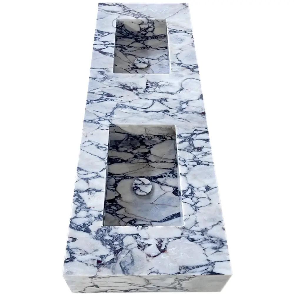 Calacatta Viola Handcrafted Marble Double Sink Vanity 67 Inch - White Gray Veining by GobekDesign