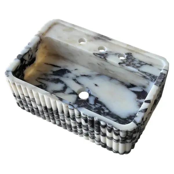 Calacatta Viola Marble Wall-Mount Rectangular Fluted Bathroom Sink - Polished by GobekDesign