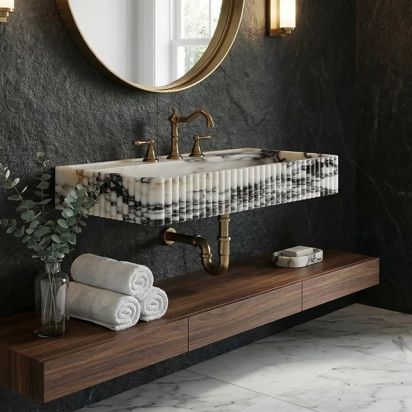 Calacatta Viola Marble Wall-Mount Rectangular Fluted Bathroom Sink - Polished by GobekDesign