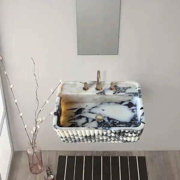 Calacatta Viola Marble Wall-Mount Rectangular Fluted Bathroom Sink - Polished by GobekDesign