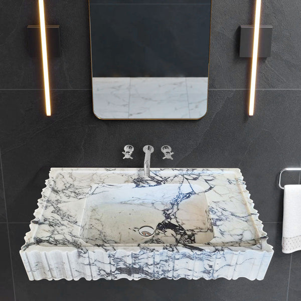 Calacatta Viola Marble Wall-Mount Bathroom Vanity Sink - Fluted U Form 18 by 28 by 6 Inches