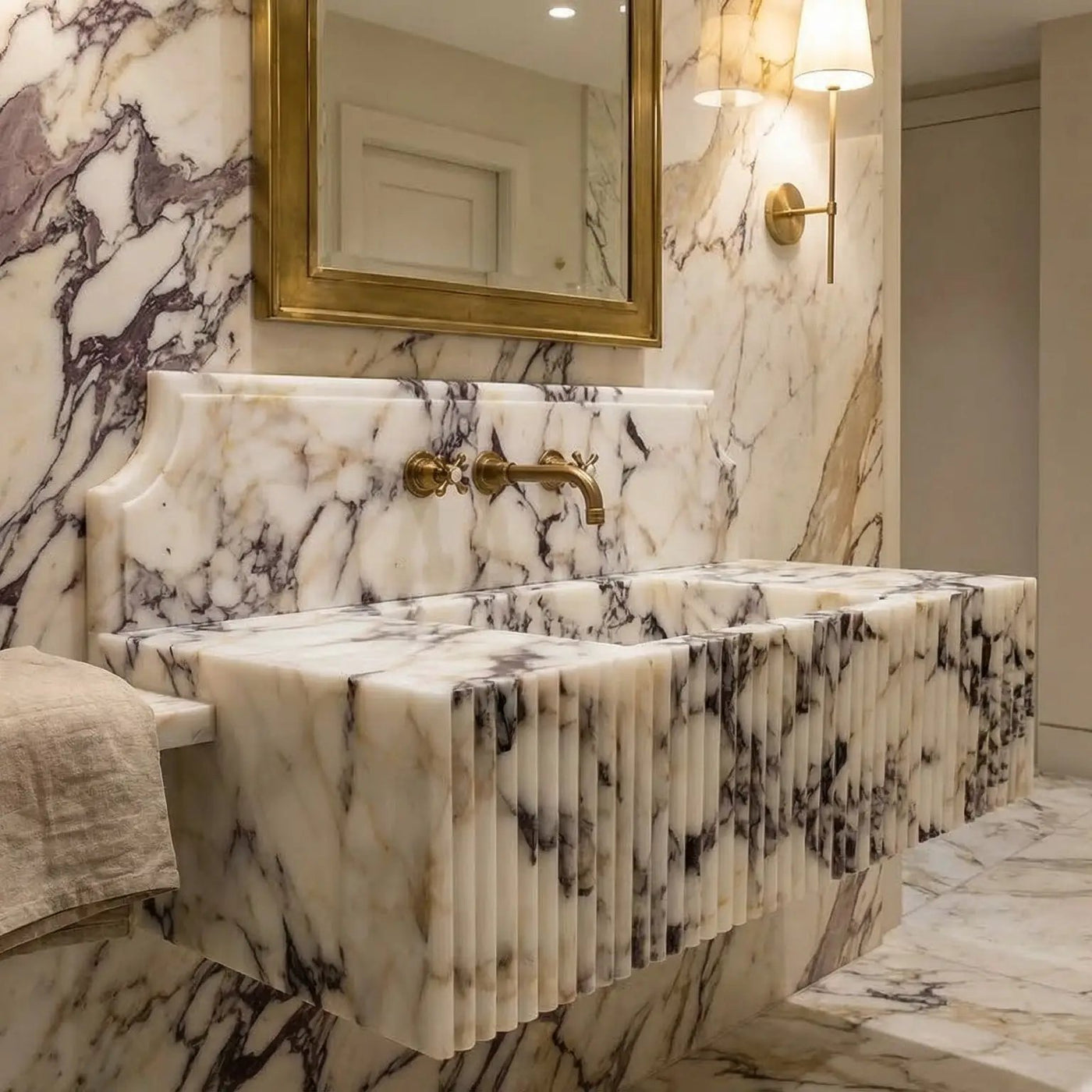 Calacatta Viola Marble Wall Mount Bathroom Vanity Sink - Fluted 21x37 by GobekDesign