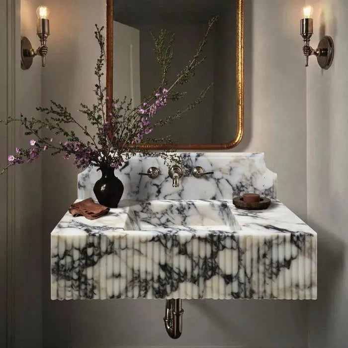 Calacatta Viola Marble Wall Mount Bathroom Vanity Sink - Fluted 21x37 by GobekDesign