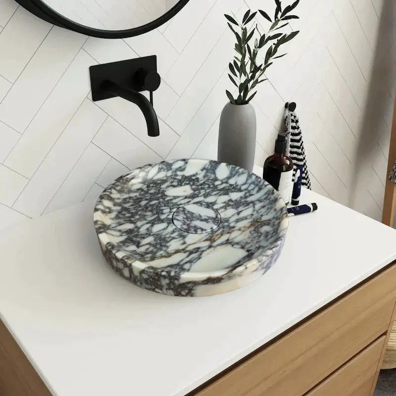 Calacatta Viola Marble Hand Sculpted Round Vessel Sink - Polished Finish 15.5x4.5 by GobekDesign
