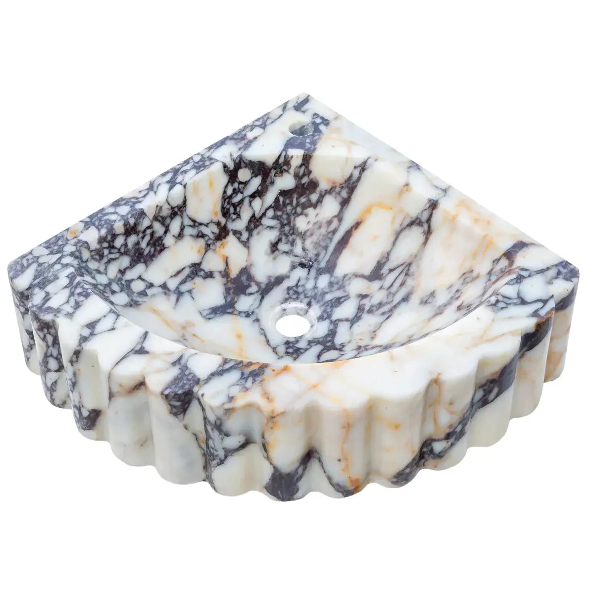 Calacatta Viola Marble Corner Wall Mount Vanity Sink With Ribbed Texture 20x20x7 by GobekDesign