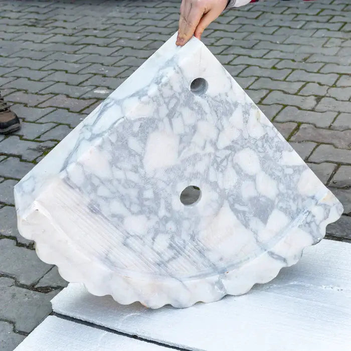 Calacatta Viola Marble Corner Wall Mount Vanity Sink With Ribbed Texture 20x20x7 by GobekDesign
