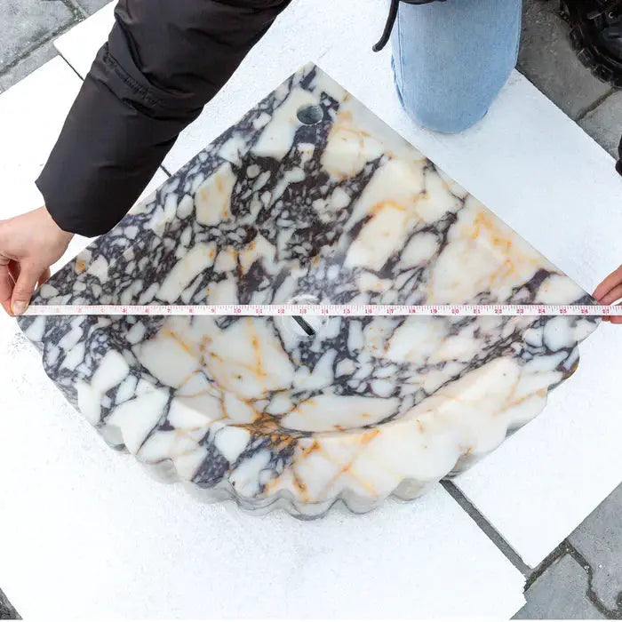 Calacatta Viola Marble Corner Wall Mount Vanity Sink With Ribbed Texture 20x20x7 by GobekDesign