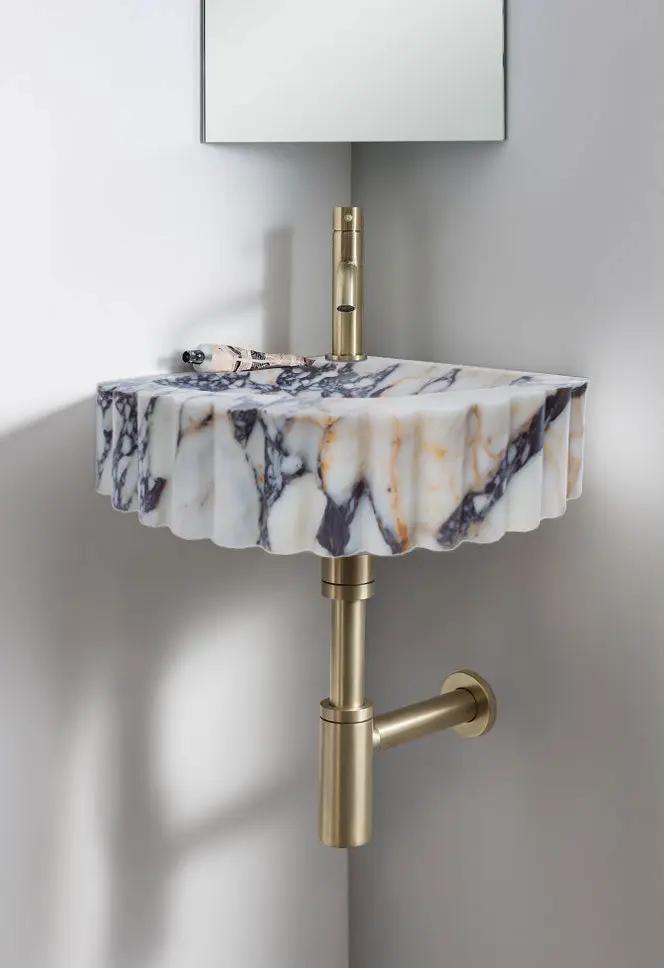 Calacatta Viola Marble Corner Wall Mount Vanity Sink With Ribbed Texture 20x20x7 by GobekDesign