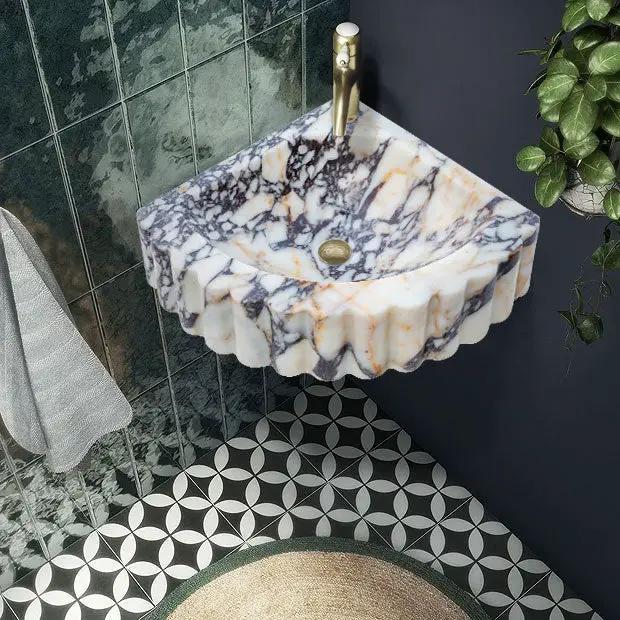 Calacatta Viola Marble Corner Wall Mount Vanity Sink With Ribbed Texture 20x20x7 by GobekDesign
