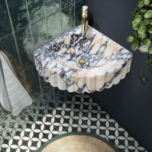Calacatta Viola Marble Wall-mount Bathroom Corner Vanity Sink Ribbed (W)20" (L)20" (H)7" by GobekDesign