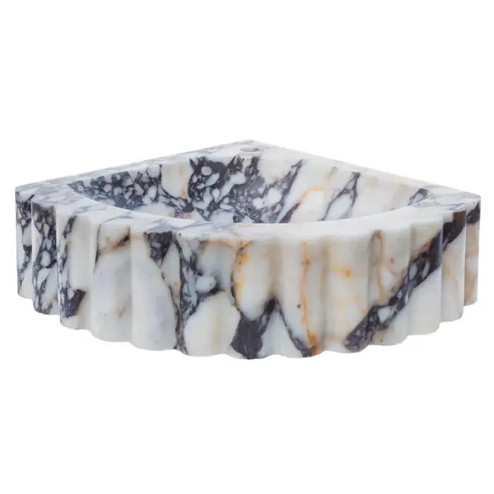 Calacatta Viola Marble Corner Wall Mount Vanity Sink With Ribbed Texture 20x20x7 by GobekDesign