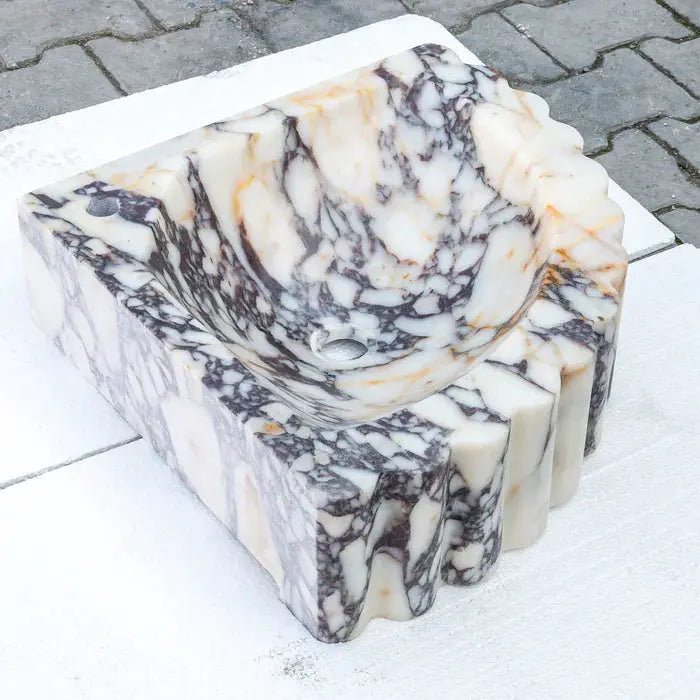 Calacatta Viola Marble Corner Wall Mount Vanity Sink With Ribbed Texture 20x20x7 by GobekDesign