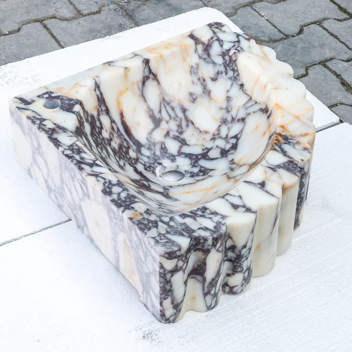 Calacatta Viola Marble Wall-mount Bathroom Corner Vanity Sink Ribbed (W)20" (L)20" (H)7" by GobekDesign