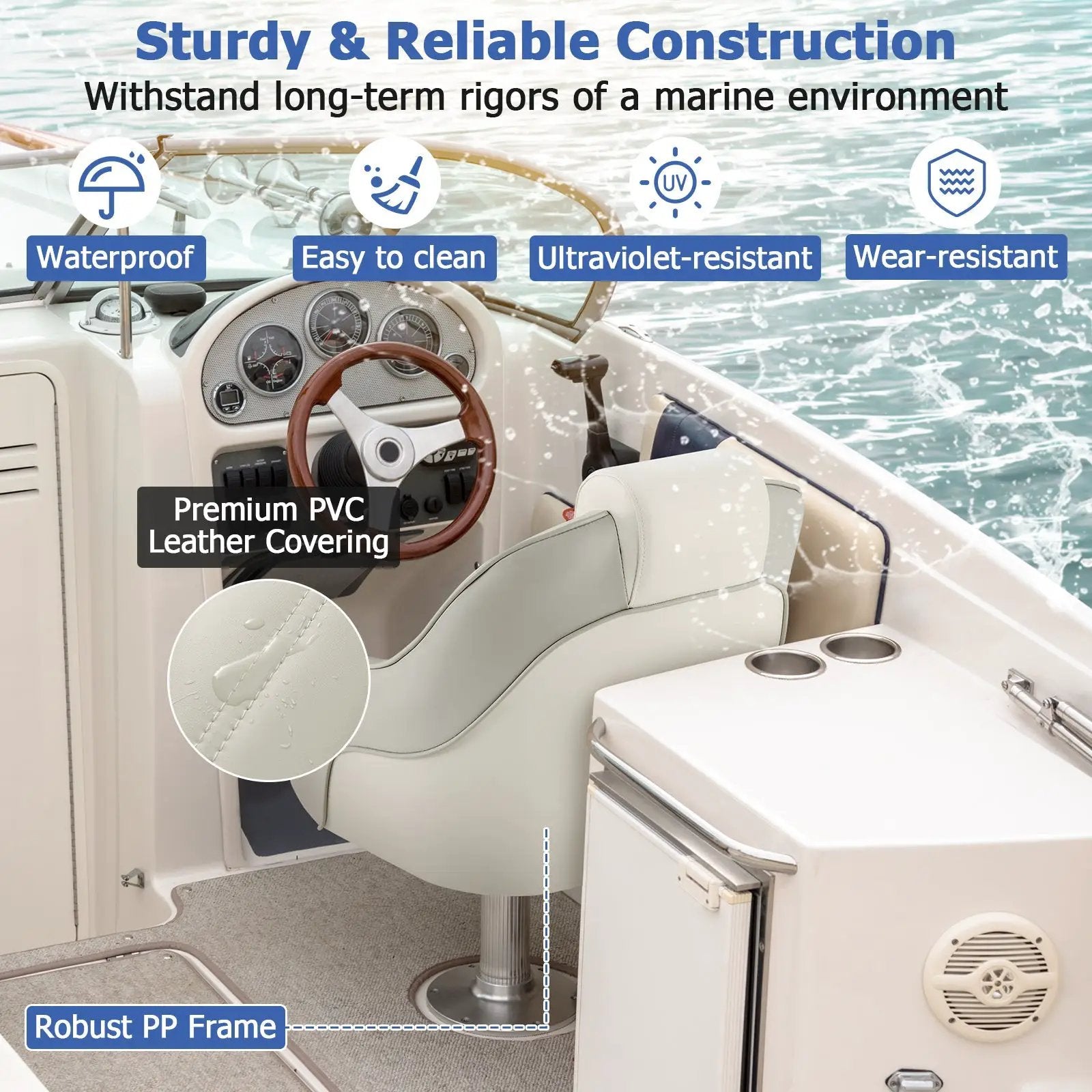 Captain Bucket Seat with Waterproof PVC Leather for Boat Sightseeing-White by DirectDeals